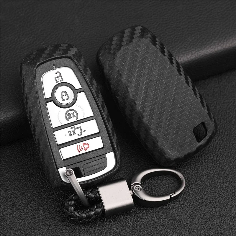 ABS Plastic Car Key Fob Case Cover with Keychain Carbon Fiber Print For Ford Explorer F150 2021-2022 Smart Remote Key Shell