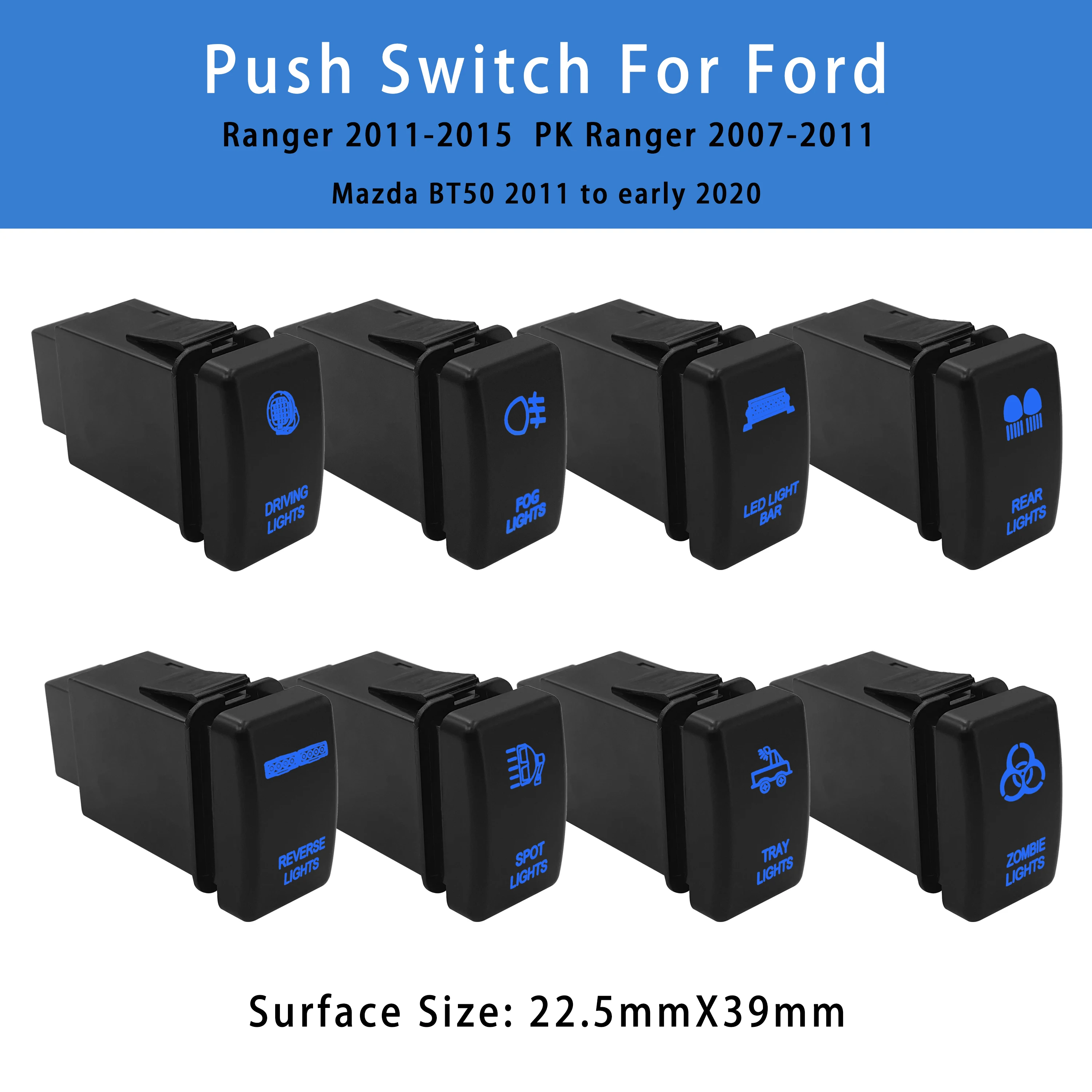 12V Car Push Button Switch Blue Led Light Bar Spot Fog Rear Lights Beacon For Ford PK Ranger Mazda BT50 OEM Replacement Plug-In