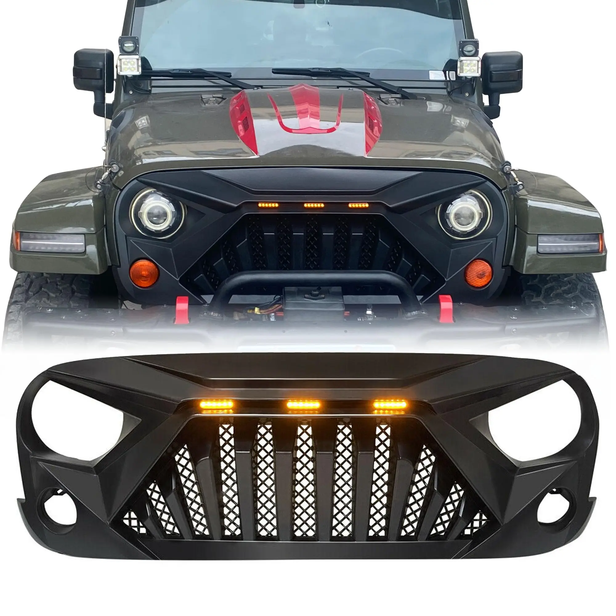 Front Grill Fit for 07-17 Jeep Wrangler JK JKU Grille Replacement Accessories LED Daytime Running Lights Design Wiring Harness