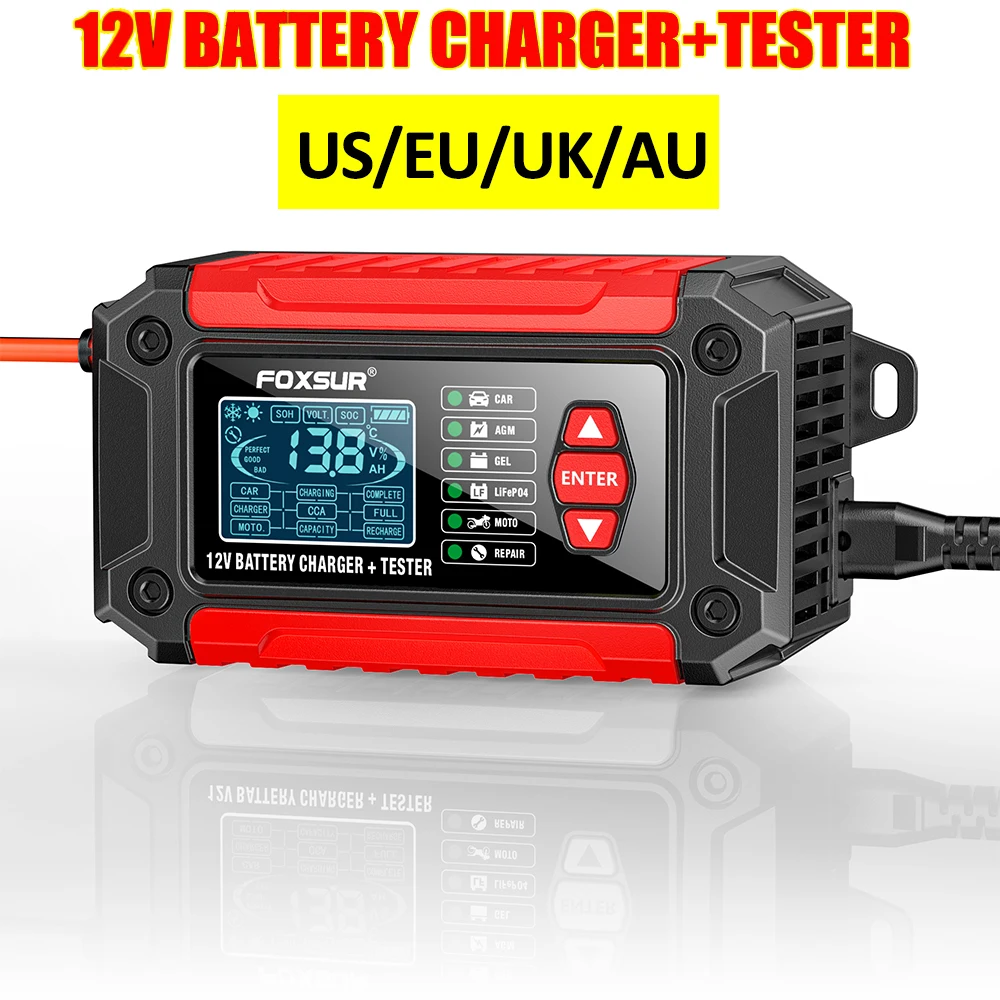 12V 2-in-1 Smart Car Battery Charger and Tester Car Motorcycle Battery Analyzer For Lead Acid AGM GEL Lithium LiFePo4 Batteries