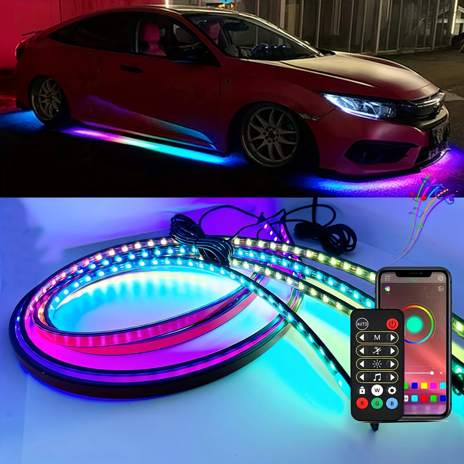 4Pcs Car Neon Accent Strip Lights RGBIC Sound Active Function Music Mode with Wireless Remote Control Underbody Light Strips for