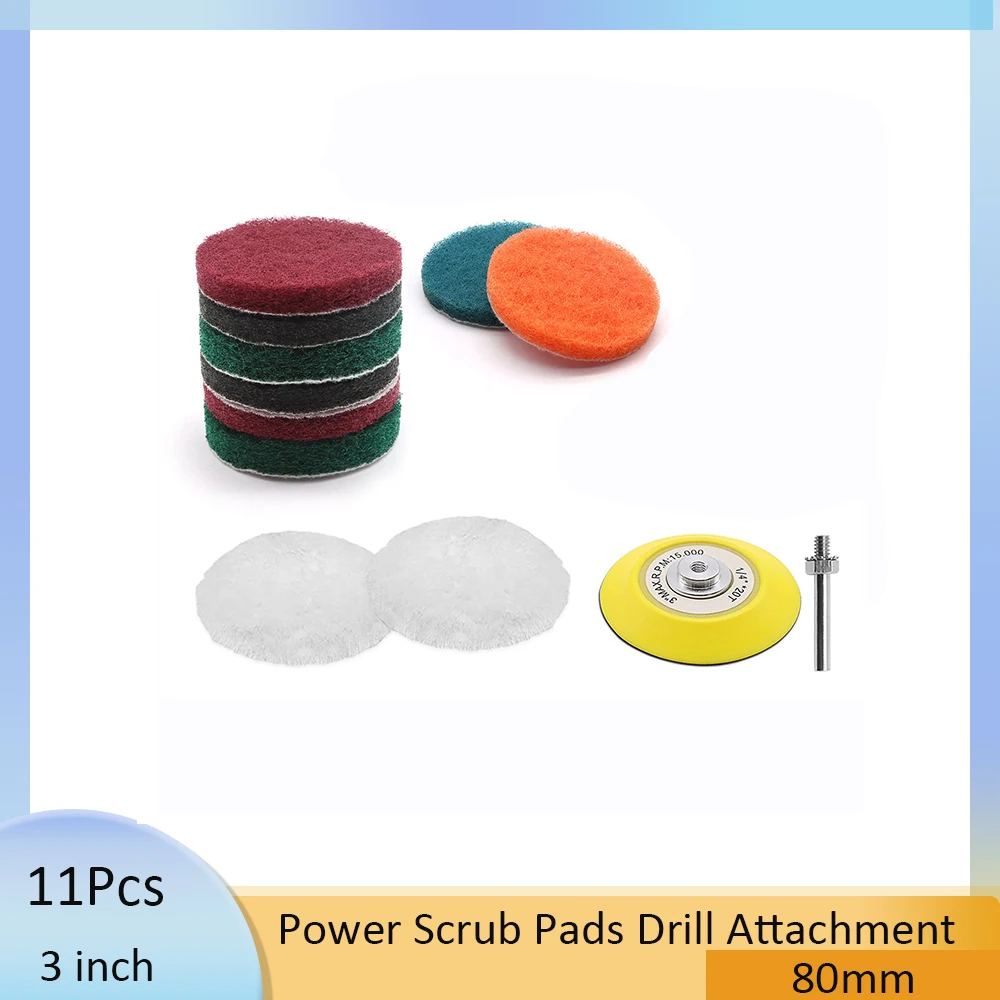 Power Scrub Pads Drill Attachment, 11Pcs 80mm Cleaning Set, Scouring Pads for Kitchen, Bathroom, Carpet, Tub, Grill and Tiles