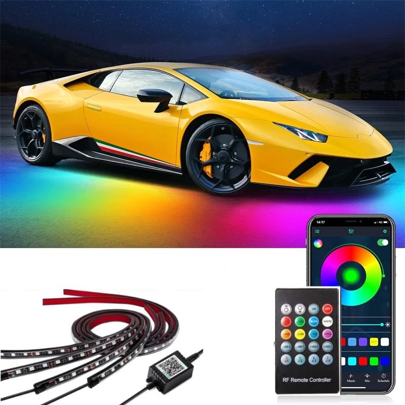 4Pcs Car Underglow Neon Accent Strip RGB Colored Decorative Light Sound Active Underbody Atmosphere Lamp APP Control