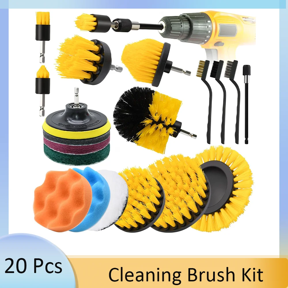 Drill Cleaning Brush Attachment Set 20 Pcs with Scouring Pad Polishing Pad for Car Grout Floor Tub Shower Tile Carpet Corner