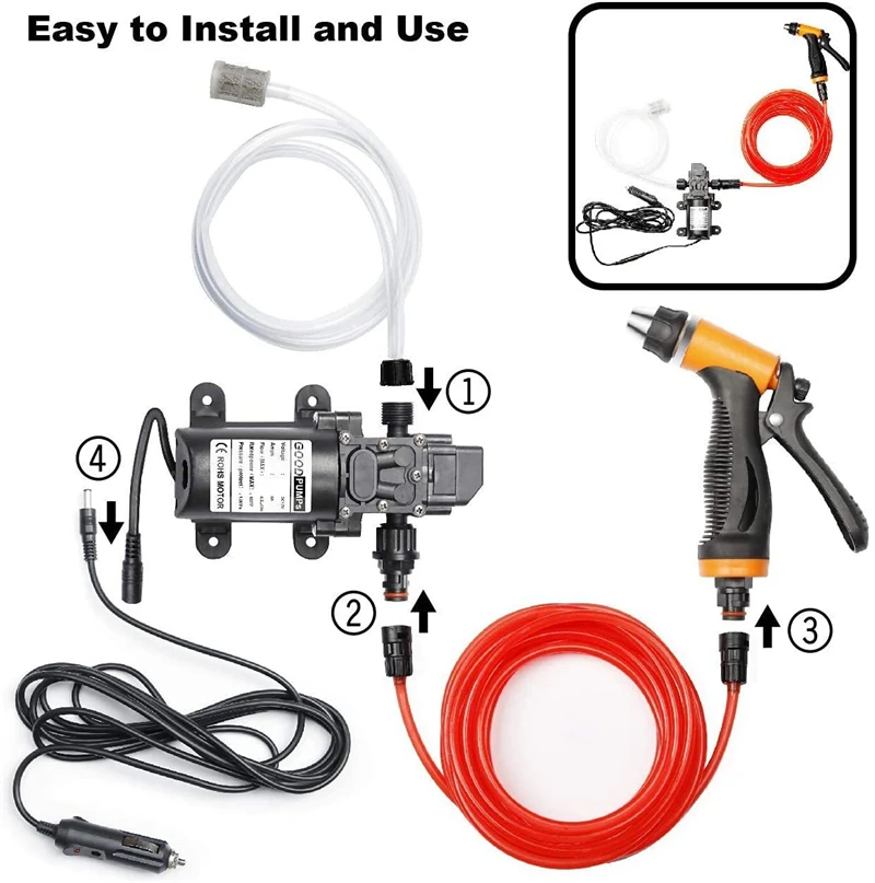 Portable Intelligent Electric Pressure Washer Pump 100W 160 PSI 12V High Pressure Powerful Washing Kit with 21.3 Feet PVC Hose