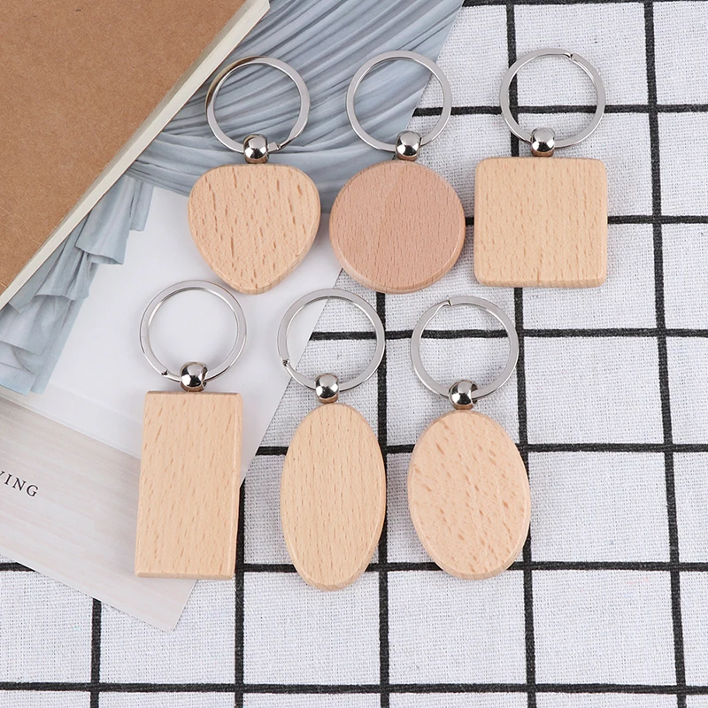 1pc Blank Round Rectangle keychains Key Tags Promotional GiftsWooden Key RING DIY Promotion Customized Wood
