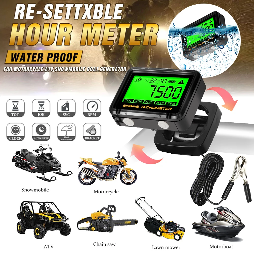 Alligator Clip Inductive Digital Hour Tachometer with Clock RPM Counter Inductive Hour Meter Small Engine Tachometer