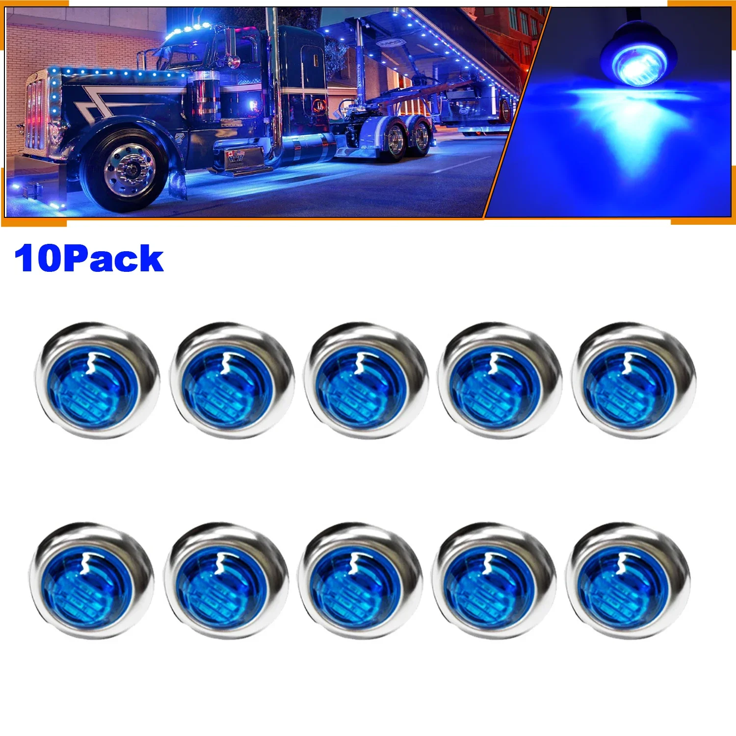 10X 3/4 inch Round 3LEDs Side Marker Car Lights Bullet License With Stainless Steel 304 Trim Ring Bezel for truck trailer boat