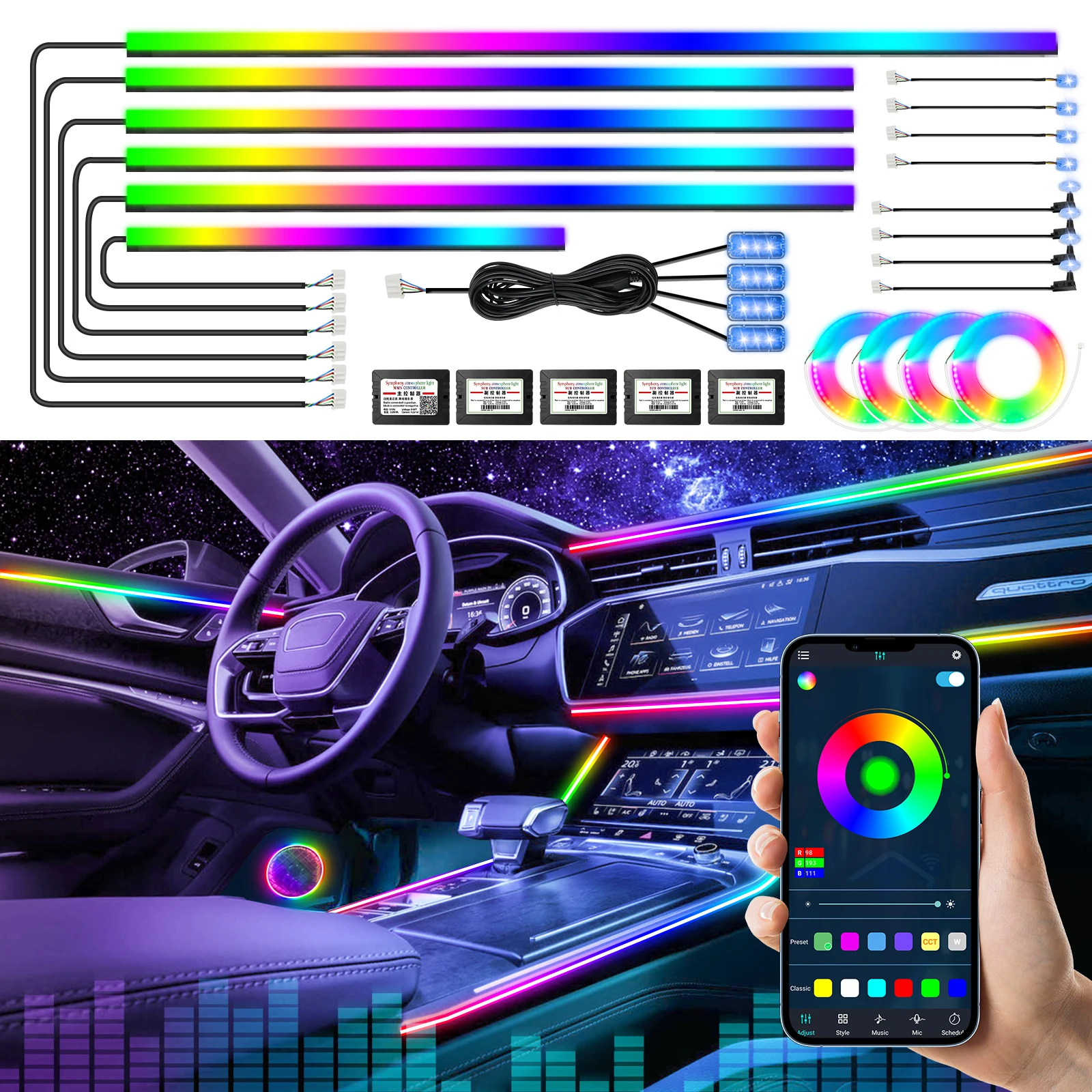 22in1 Symphony Car Ambient Light RGB 213 Color Universal Car Interior led strip acrylic Backlight Guide Symphony Atmosphere lamp