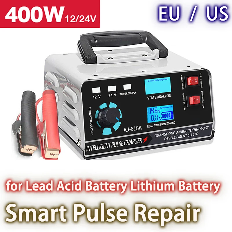 400W Car Battery Charger Large Power 12V/24V Battery Charger Trickle Smart Pulse Repair for Lead Acid Battery Lithium Battery