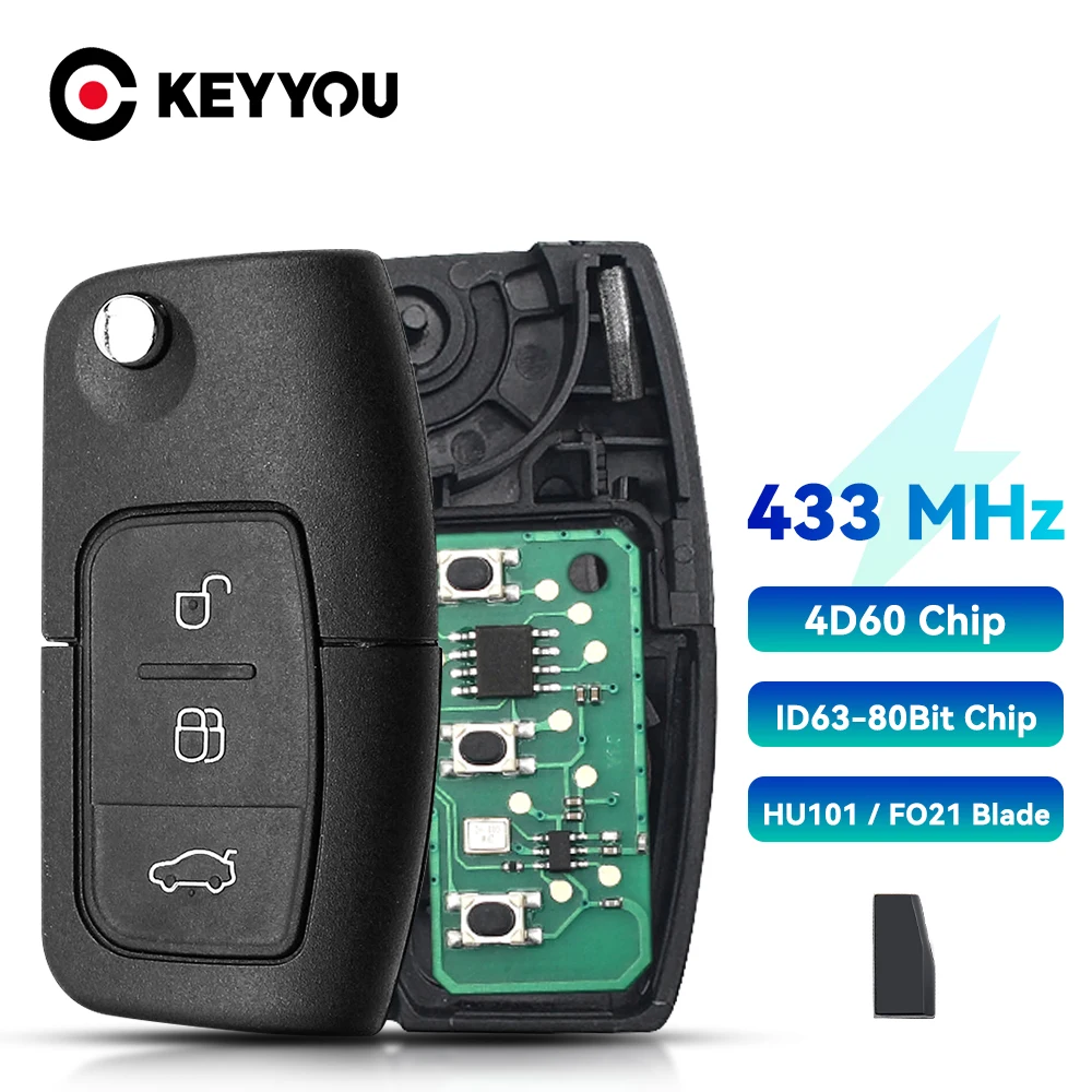KEYYOU 4D63/4D60 Chip Car Remote Key DIY 433MHz For Ford Fusion Focus Mondeo Fiesta Galaxy Uncut HU101 Blade Vehicle Flip Key