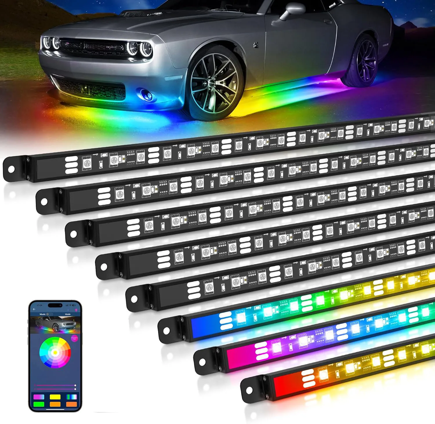 Ambient light RGB+IC Dream 8PCS Aluminum Underglow Light for Car Truck RV, Bluetooth APP Underbody Multicolor Neon Light Strip