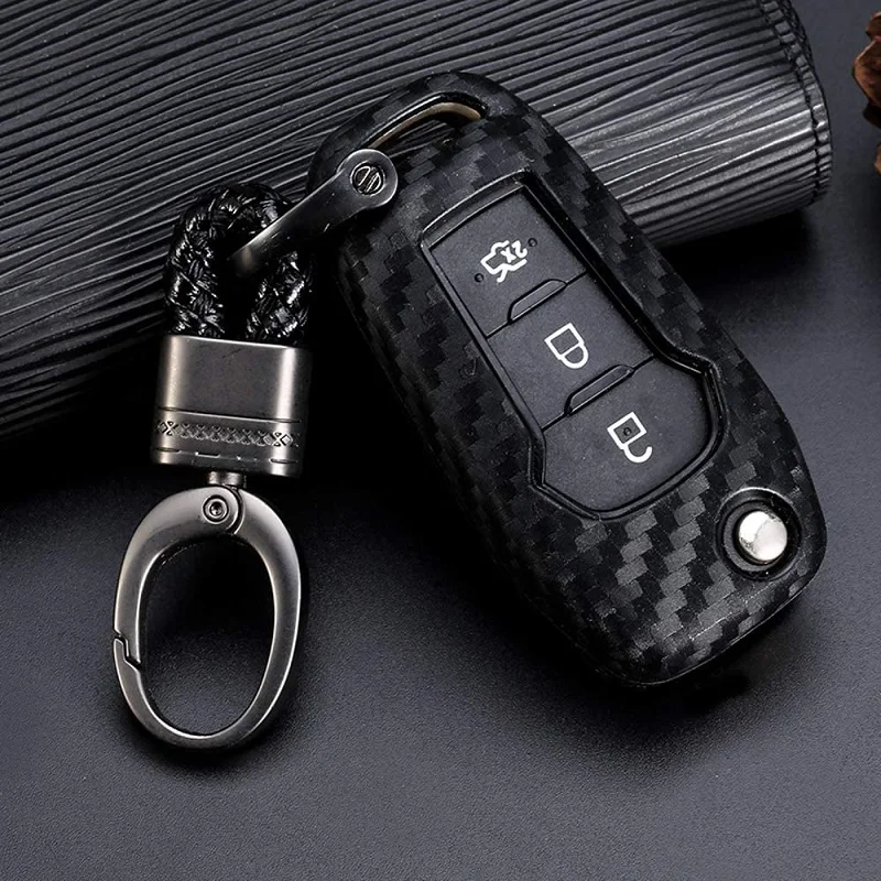 Car Key Fob Case Cover Carbon Fiber Print Flip For Ford F150 F250 2015 2016 2017 2018 2019 Smart Remote Key Shell Cover Case