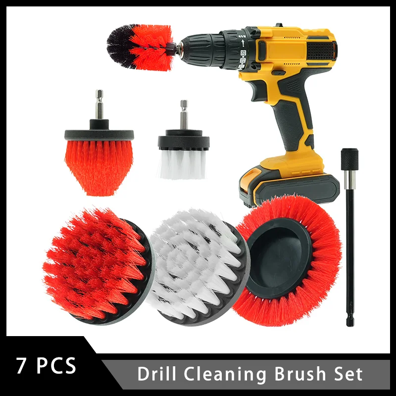 7 Pcs Drill Cleaning Brush Set with Extend Attachment for Cleaning Bathtub Grout Upholstery Bathroom Surface Floor Tile Shower