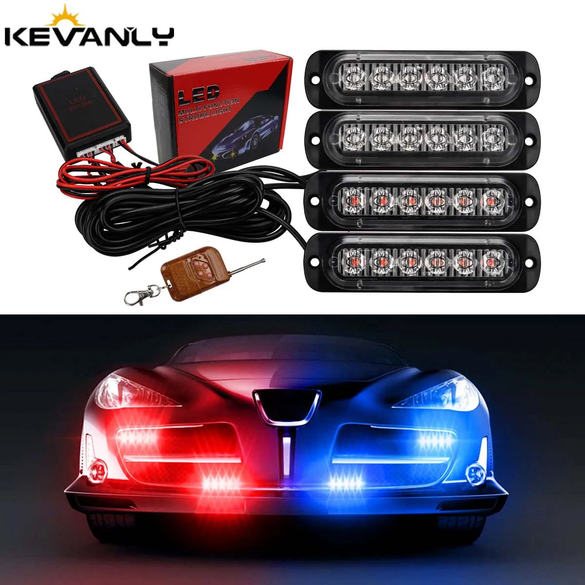 4 In 1 Red Blue Emergency Strobe Lights Police Lights 12V With Wireless Remote Control Flash Grille Light for Cars Truck Van SUV