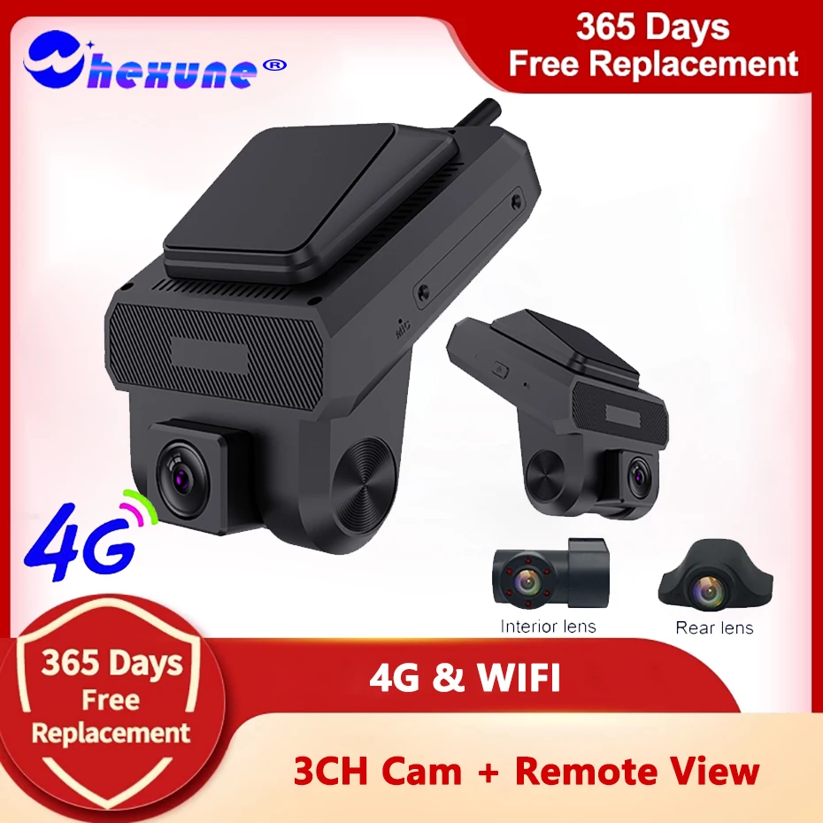 WHEXUNE 4G Car Video Recorder Dash Cam 3 Cameras Surveillance FHD 1080P Night Vision 24-hour Remote Monitoring DVRs WiFi Hotspot