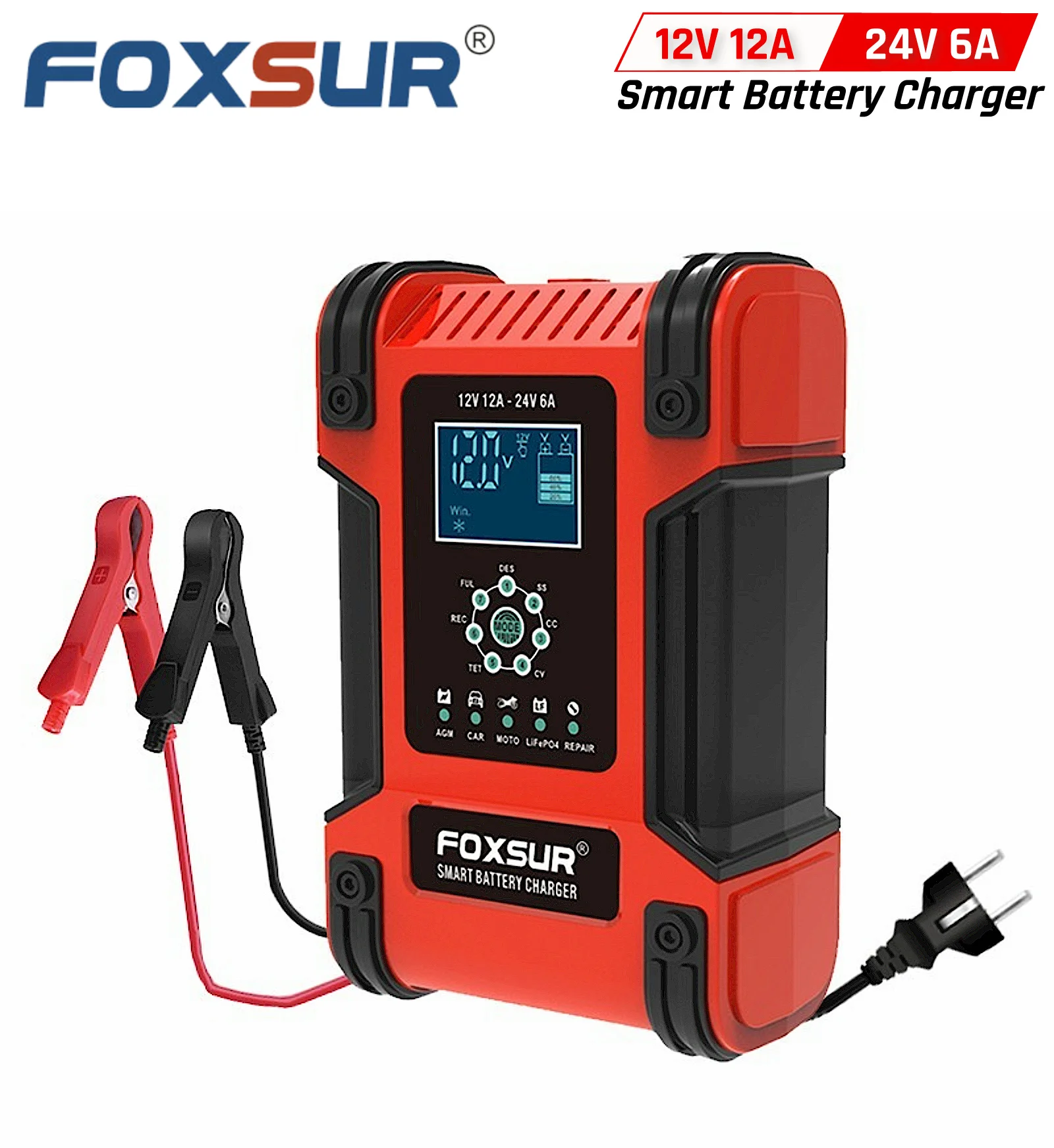 FOXSUR Smart Car Battery Charger 12V 24V 12A Automotive Motorcycle Boat LiFePO4 AGM GEL Lithium Lead Acid Fast Repair Desulfator