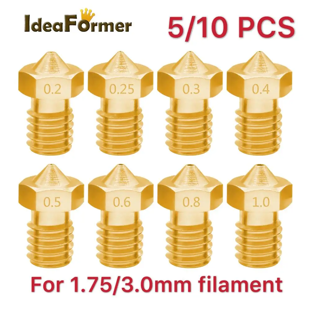 5/10pcs 3D Printer V6 M6 Threaded Brass Nozzle 0.2/ 0.3/0.4/0.5/0.6/1.0mm for 1.75mm Filament E3D V5 V6 Hotend Extruder 3dHotend