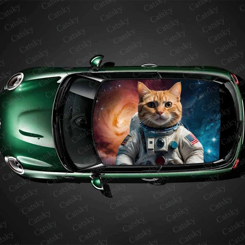 Cat in Astronaut Suit Car Roof Sticker Wrap Racing SUV Accessories Packaging Painted PVC Custom Car Graphic Decal