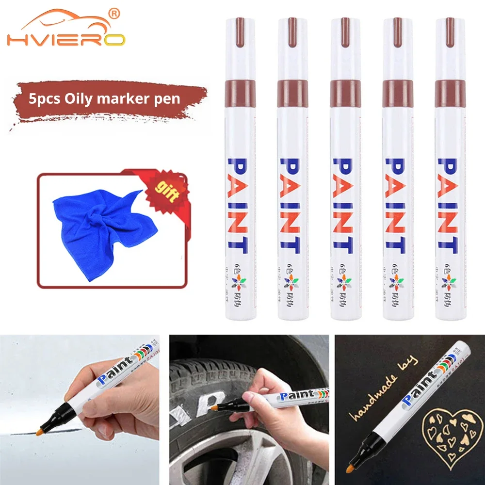 5Pcs Universal Car Wheel Tire Oily Mark Pen Waterproof Auto Rubber Paint Metal Permanent Marker Graffiti Accessories Decoration