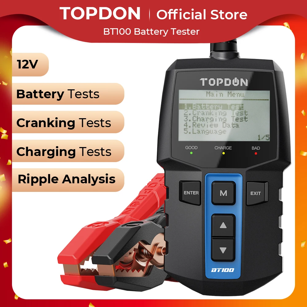 TOPDON BT100 12V Car Battery Tester Digital Automotive Diagnostic Battery Tester Analyzer Vehicle Cranking Charging Scanner Tool