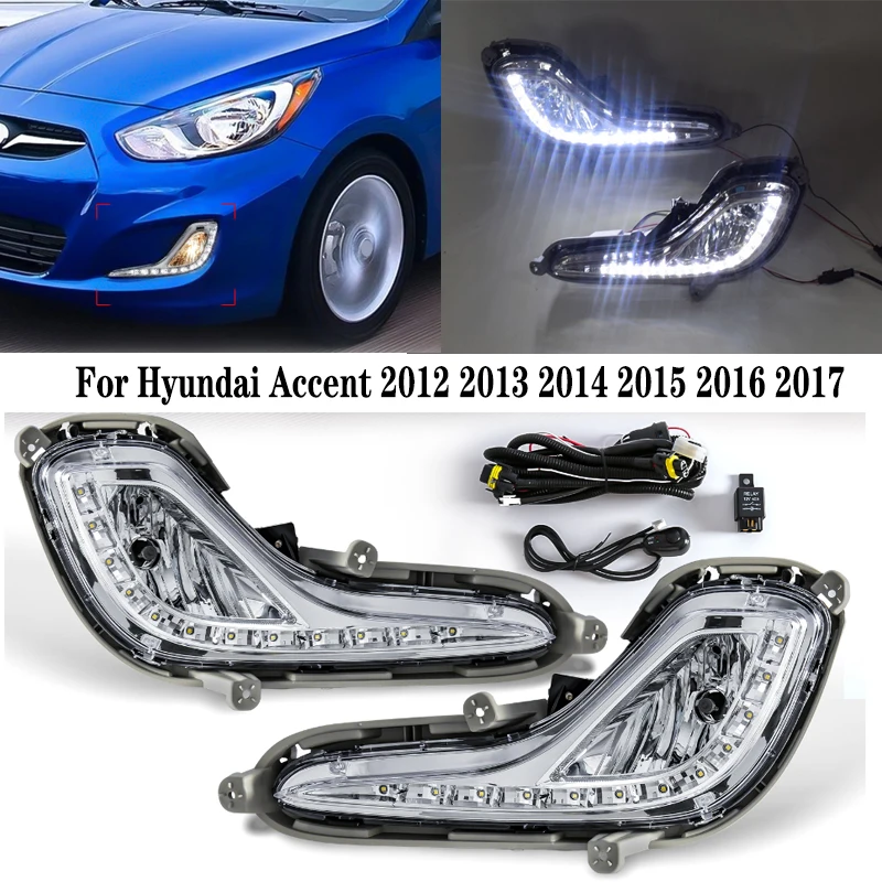 Fog Lamps For Hyundai Accent 2012 2013 2014 2015 2016 2017 Clear Lens LED Daytime Running Light 12V Accessories Car Front Bumper