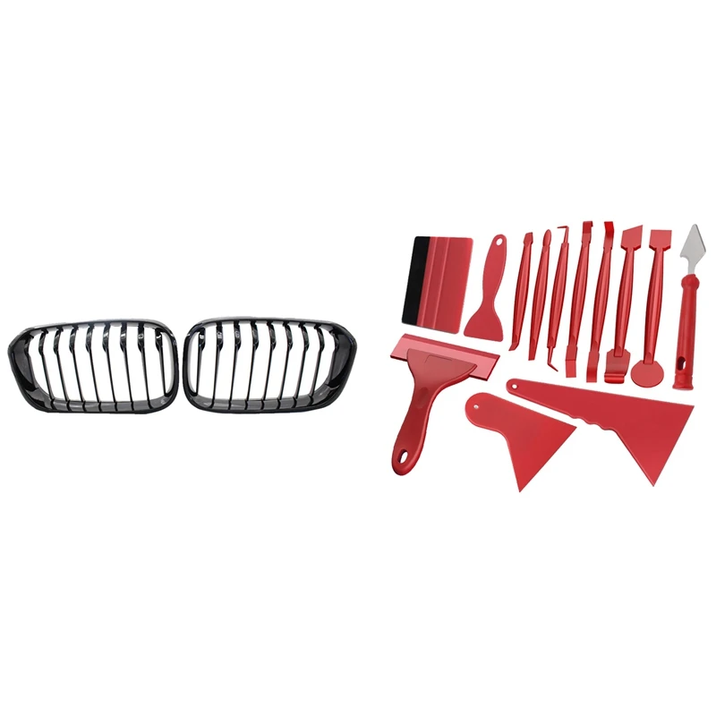 2 Set Car Accessories: 1 Set Front Hood Grille Single Slat Kidney Grille & 1 Set Car Film Tools Squeegee Scraper Kit