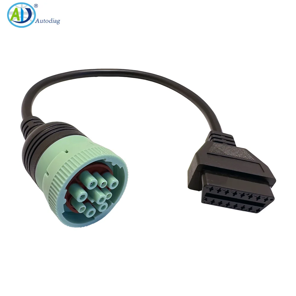 9 Pin to 16 Pin OBD2 Adapter Cable for Heavy Duty Trucks and Commercial Vehicles with Green Type 2 J1939 Diagnostic Connector