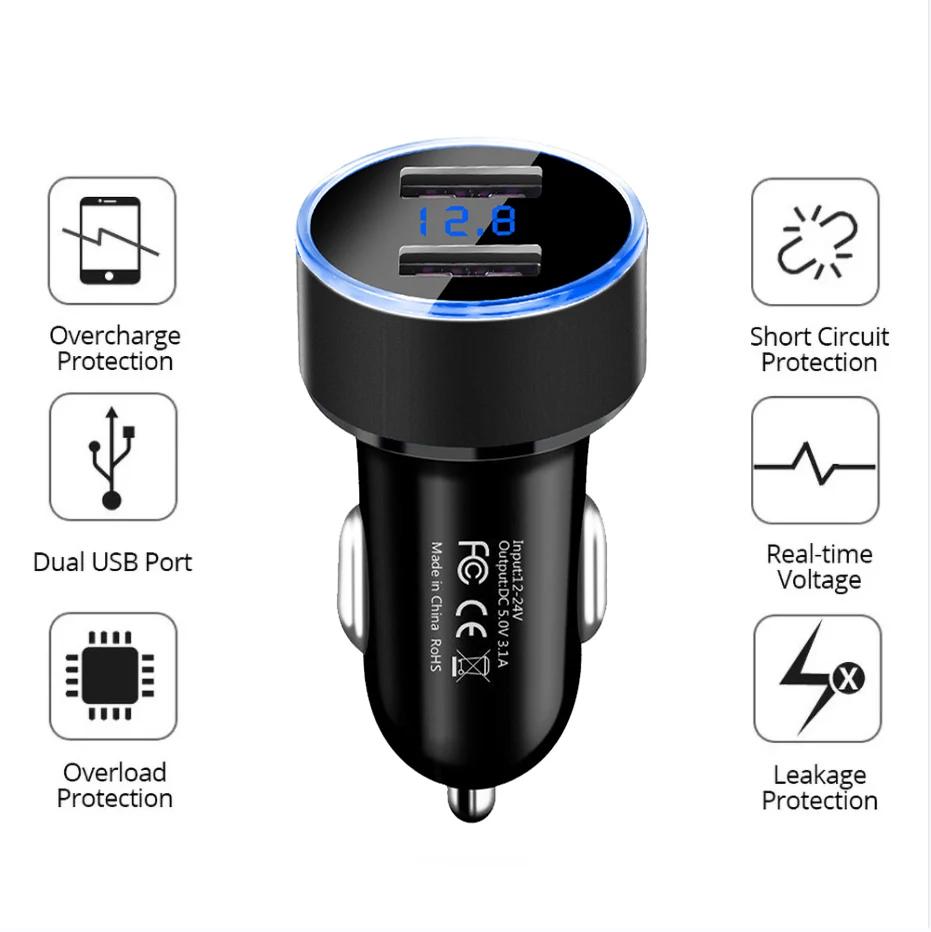 Universal 12V-24V Fast Dual USB Car Charger Adapter LED Display Cigarette Socket Lighter ABS Car Phone Charger