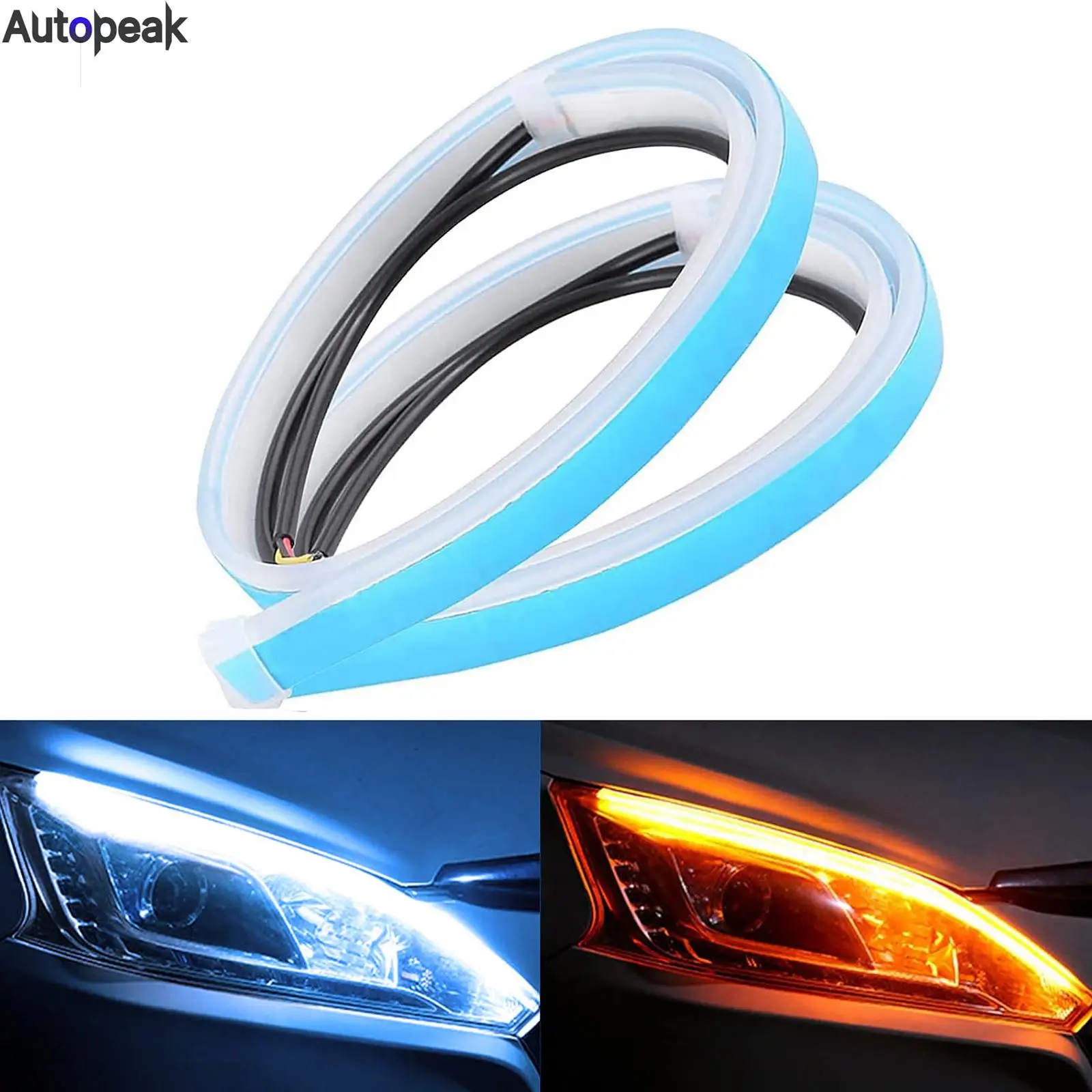 Car LED Strip Lights 2 Pcs Flexible Headlight Strip DRL Tube Dual Ice Blue & Amber Daytime Running Lights Turn Signal Sequential