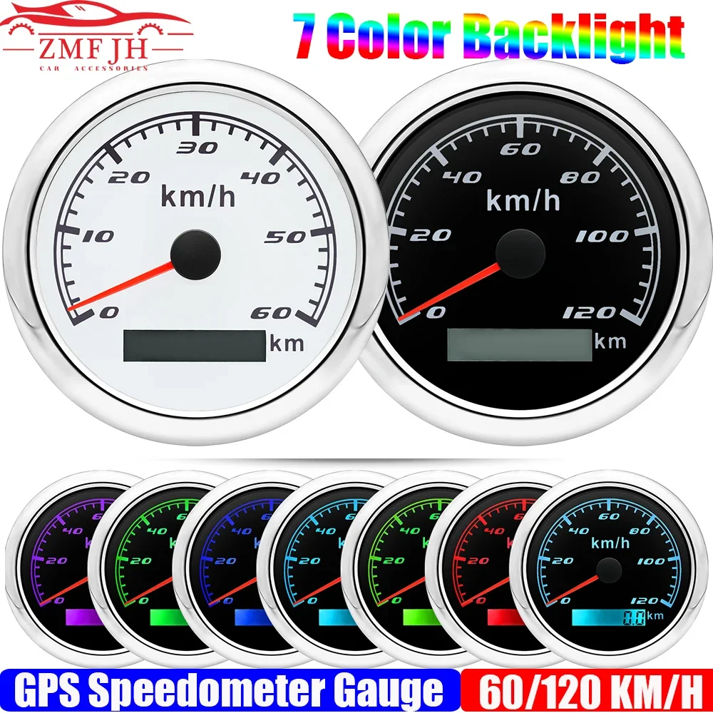 7 Color Light 60/120KMH 85MM GPS Speedometer Gauge Motorcycle Boat Car Truck Speed Gauge Meter with GPS Antenna Waterproof 9-32V