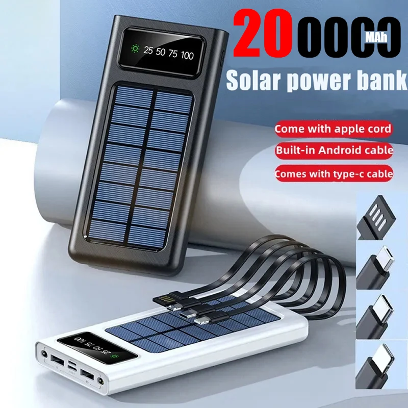 Solar Power Bank 200000mAh Built Cables Solar Charger With Four Wires External Charger With LED Light For Samsung Apple Huawei