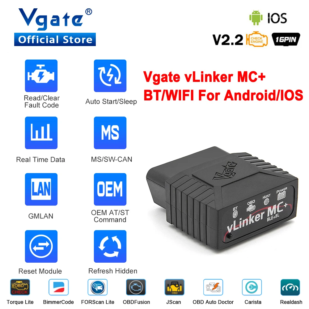 Vgate vLinker MC ELM327 V2.2 Bluetooth 3.0 4.0 OBD2 Scanner OBD 2 BimmerCode FORScan Auto Car Diagnostic tools ELM 327 V1 5