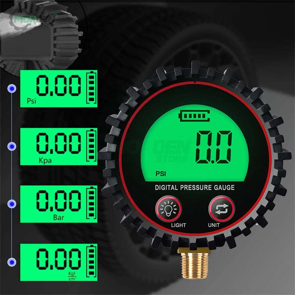 Rang to 255PSI Digital Gas Pressure Gauge with M11 1/4 1/8NPT Screw Thread Connector Rubber Protector For Car Truck Motorcycle