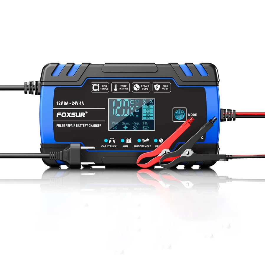 FOXSUR Truck Battery Charger Heavy Duty, 12V 8A 24V 4A Trickle Charger,Lead Acid AGM GEL WET Smart Battery Charger & Maintainer