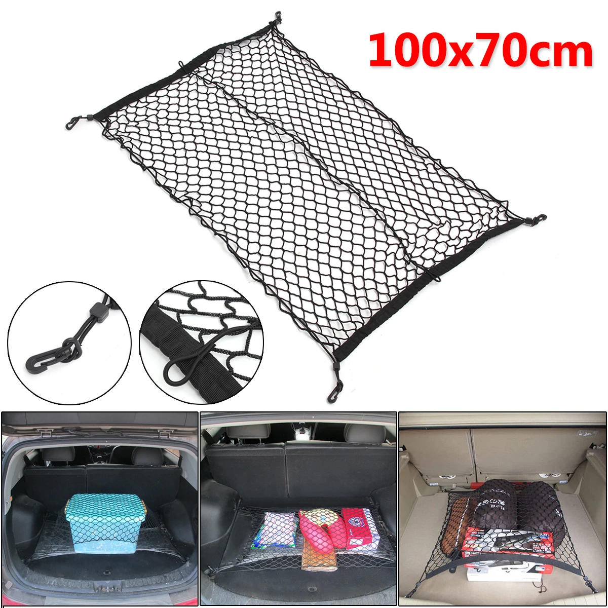 100cm x 70cm Black Nylon Car Trunk Net Luggage Storage Organizer Bag Rear Tail Mesh Network With 4 Hooks