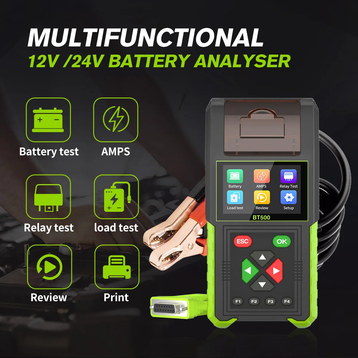 Battery Analyzer For 12V/24V Universal Batteries 20-2000 CCA Support AMP Test, Relay Test, Load Test and Printer Battery Tester