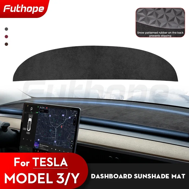 Futhope Top Flannel Dashboard Cover Pad For Tesla Model 3/Y  Sunshade Protector Anti-UV Dash Mat Sun-shading Non-slip Car