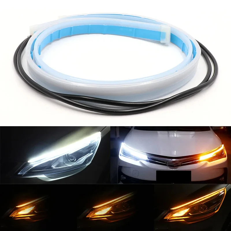 1/2PCS 12V LED DRL Car Daytime Running Light Flexible Waterproof Strip Auto Headlight White Turn Signal Yellow Brake Flow Lights