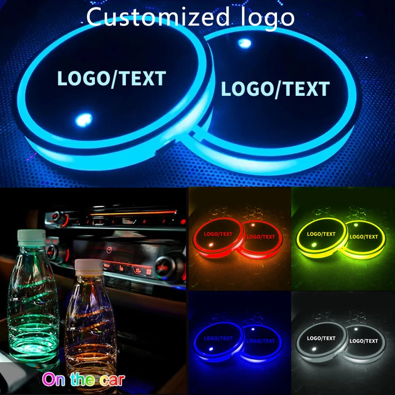 1pcs Car Led Lights RGB Sport Interior Cup Holder Ambient Lamp Interior Accessorie For car logo or Customized logo