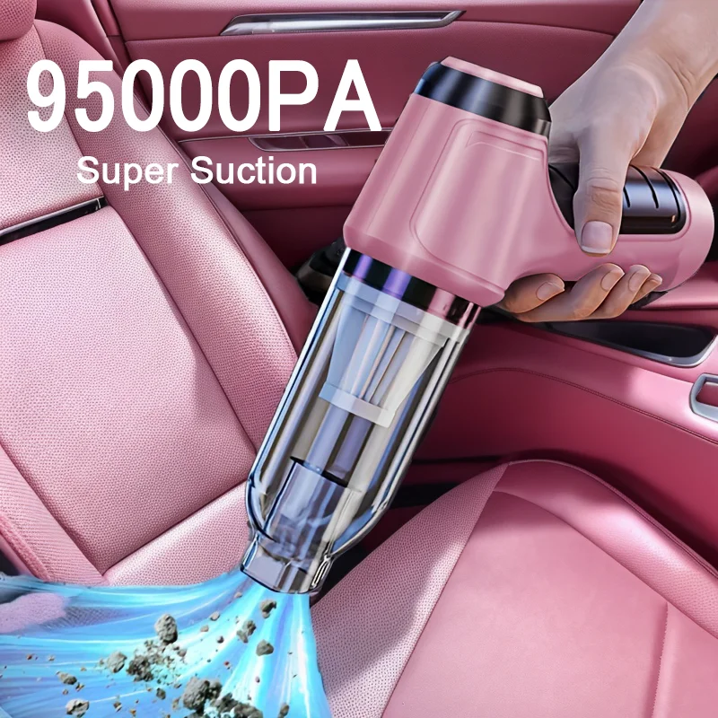 Pink Car Vacuum Cleaner 95000Pa Super Suction Super High Power Wet And Dry Cleaning Cat Hair Pet Hair Portable Mini-handheld