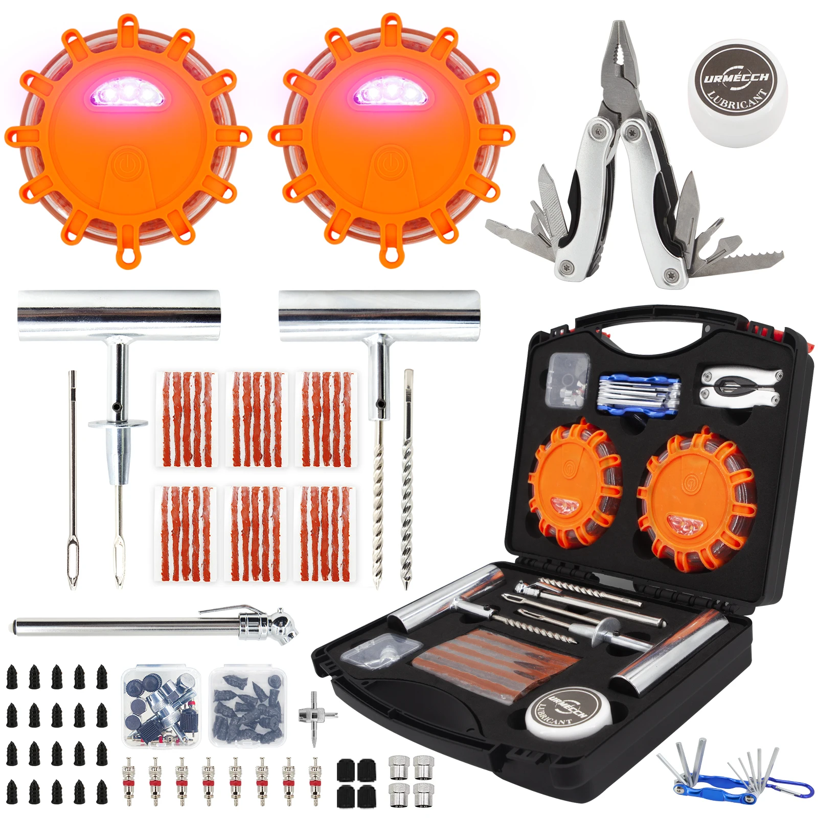 76C Car Roadside Emergency Tire Repair Kit LED Road Flares Multi-tool Pliers Allen Wrench Tire Pressure Gauge Heavy Duty Car Saf