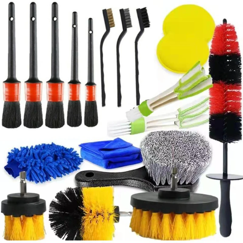19PCS Car Accessory Tools Tire Wheel Brush Detail Drill Brush Interior Dusting Engine Cleaning Kit Microfiber Glove Sponge