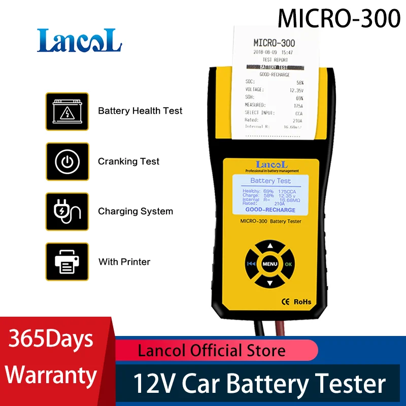 LANCOL MICRO300 Digital Car Battery Load Tester With Printer 12V CCA Car Diagnostic Tool Battery Capacity Checker  Analyzer