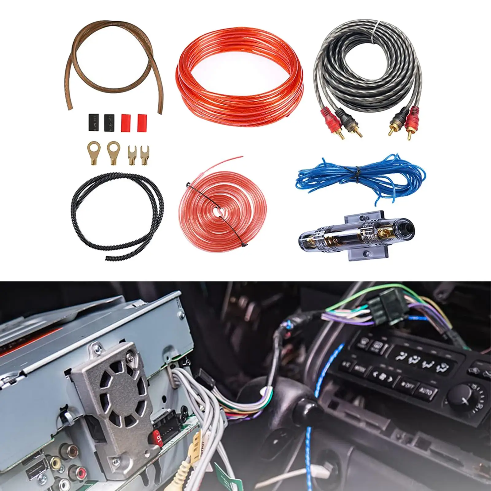 Car Audio Wiring Kit Subwoofer Installation Kit, Stereo Cables Woofer Wiring Kit PVC with Fuse Holder Cords