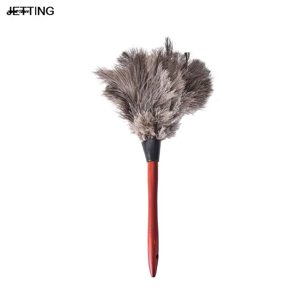 38cm Ostrich Feather Duster Brush Wood Handle Anti-static Natural Grey Fur Home
