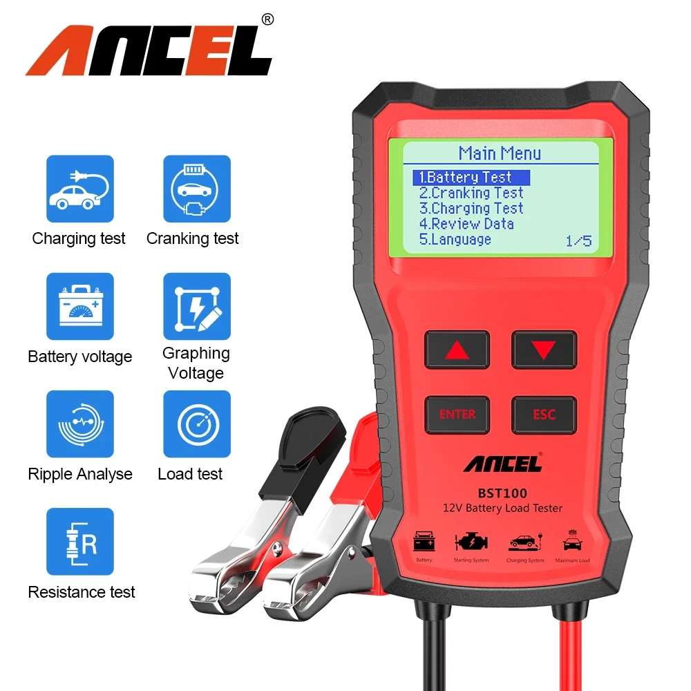 ANCEL BST100 12V Voltage Battery Tester Analyzer Digital 220Ah 2000CCA Car Battery Checker with Cranking&Charging Load Battery