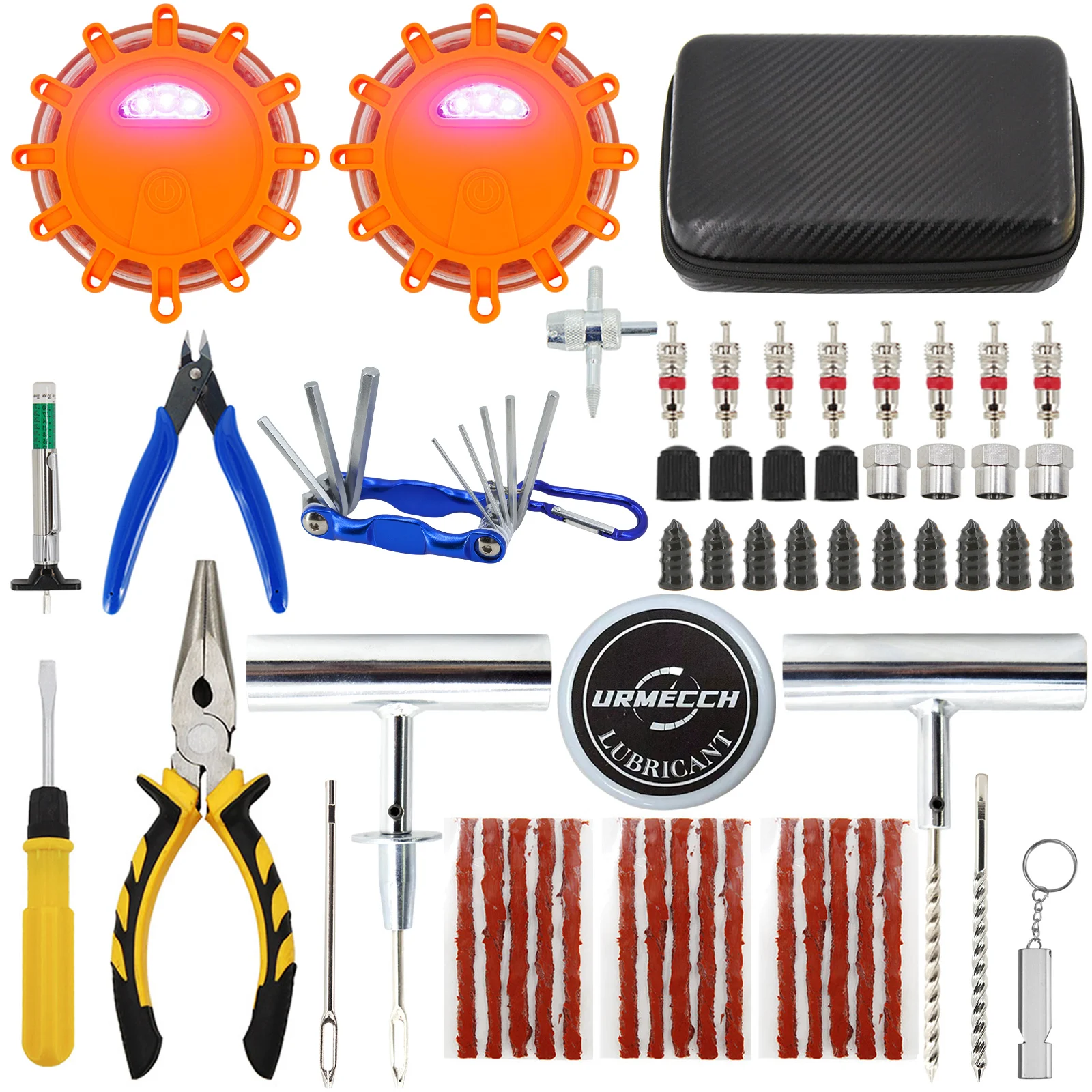 New Car Roadside Emergency Kit Heavy Duty Tire Repair Flat Punctures Plug Tools Rubber Screw Nails With Flares Warning Lights