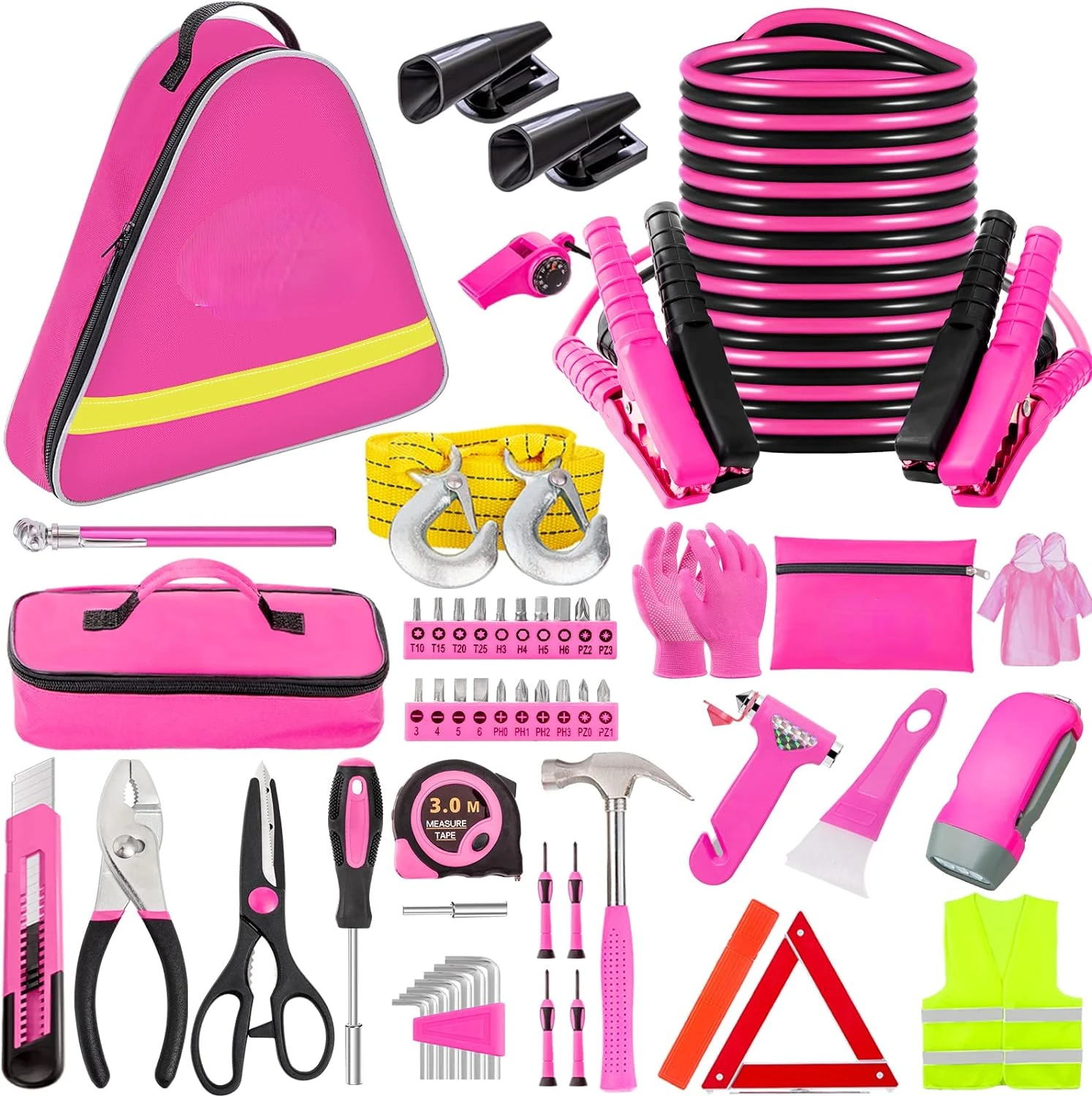 Car Roadside Emergency Kit - Pink Roadside Assistance Emergency Kit with Jumper Cables, Auto Tool Set, Deer Whistles, Winter Car